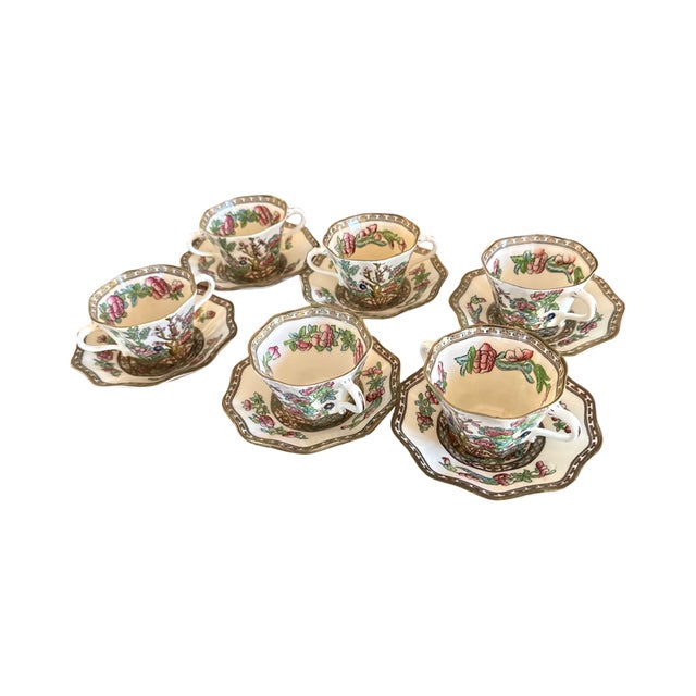 Coalport Porcelain Set of Six Antique English Coalport Indian Tree Scalloped Flat Bouillon Cups & Saucers, Circa 1891–1919 For Sale - Image 4 of 8