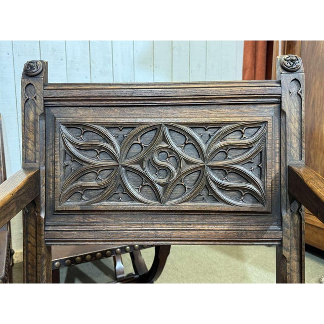Chairs and Armchairs in Oak and Leather with Gothic Decoration, 1930s, Set of 8 For Sale - Image 4 of 18