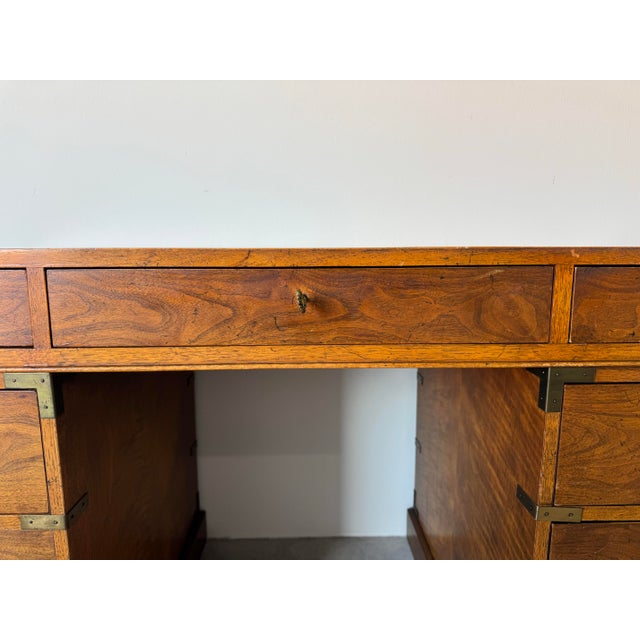 1970s Baker Furniture Milling Road Hollywood Regency Campaign-Style Walnut Desk With Leather Top/ Sold For Sale - Image 5 of 12