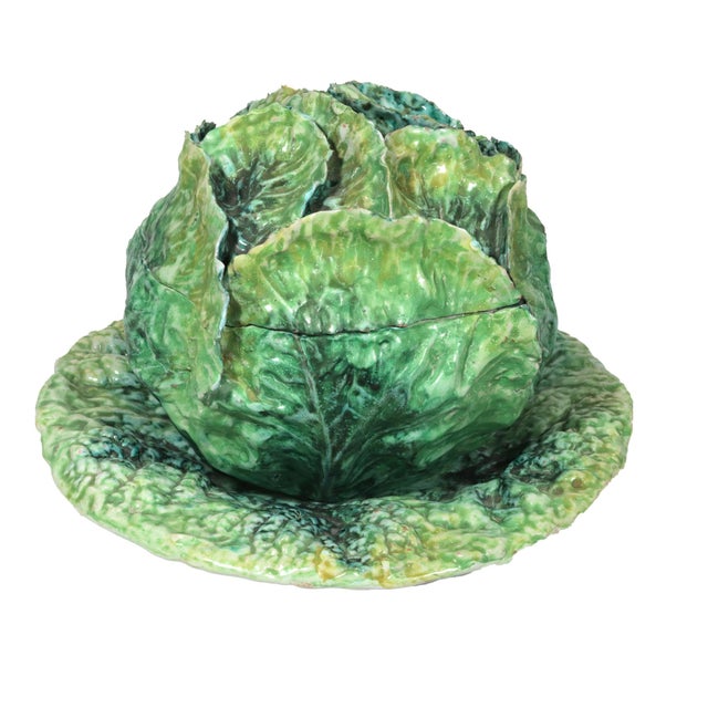 Garden Whimsy: Large Italian Ceramic Cabbage Tureen & Stand For Sale - Image 9 of 16