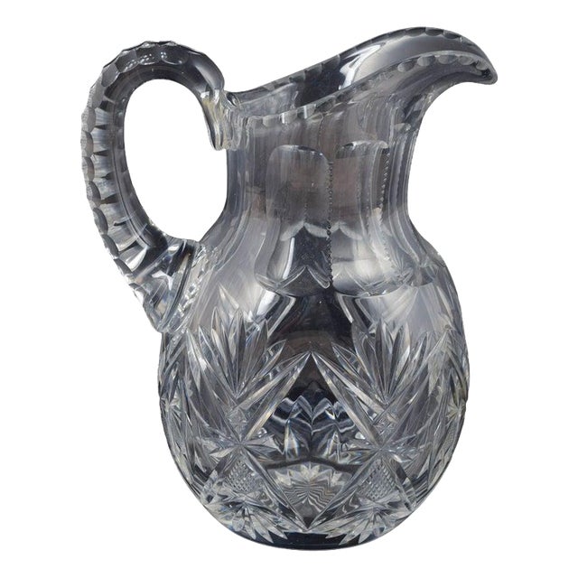 Pitcher in Clear Crystal Glass with Deep Cut Star and Leaf Patterns, 1930s For Sale