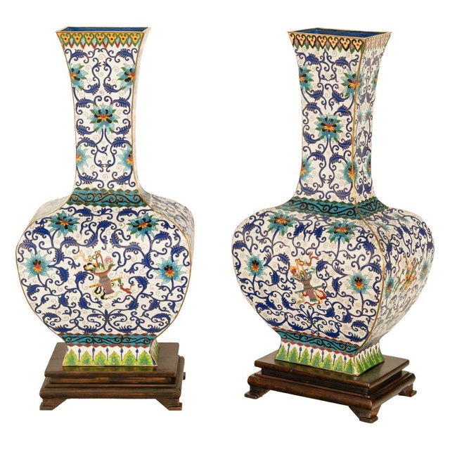 A very fine, elegant and monumental pair of antique Qing Dynasty cloisonne enamel vases from the Qianlong period...