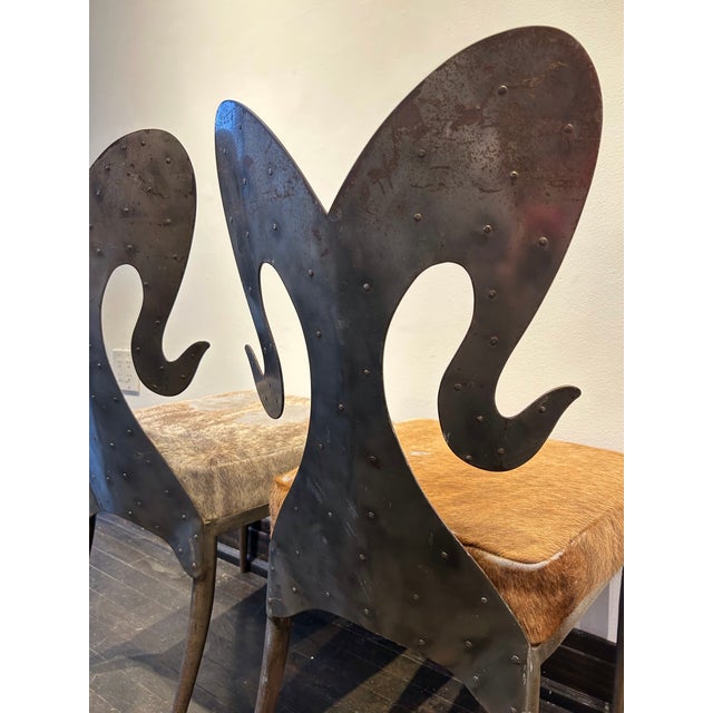 Chrome 1990s Custom Steel Ram Back Pair of Accent Chairs Upholstered in Cowhide For Sale - Image 8 of 9