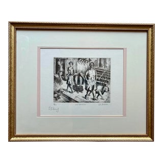Original Black & White Etching of Dog Walkers on a City Street Entitled “Dog Walking” For Sale