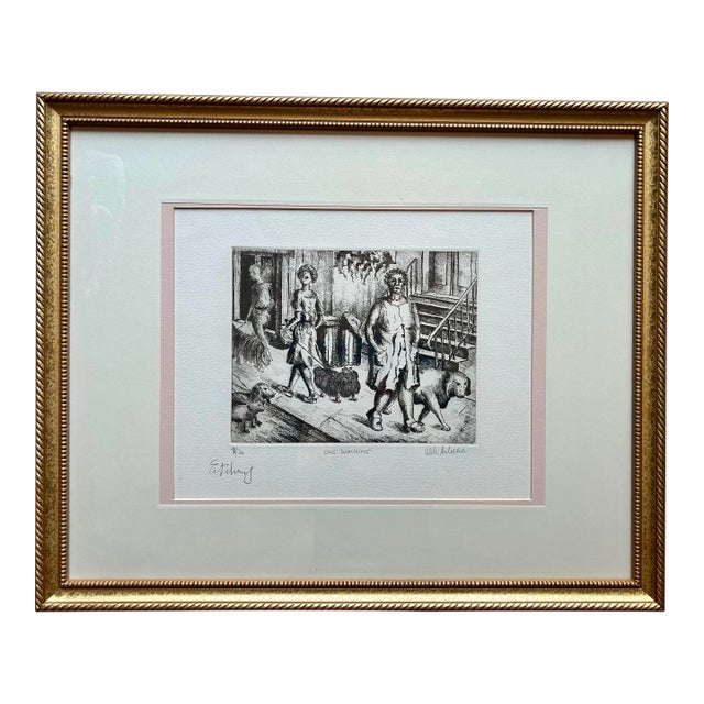 Original Black & White Etching of Dog Walkers on a City Street Entitled “Dog Walking” For Sale