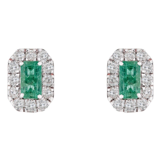 Estate Natural Octagon Emerald & Diamond Halo Earrings in 14k White Gold- 2 Pieces For Sale