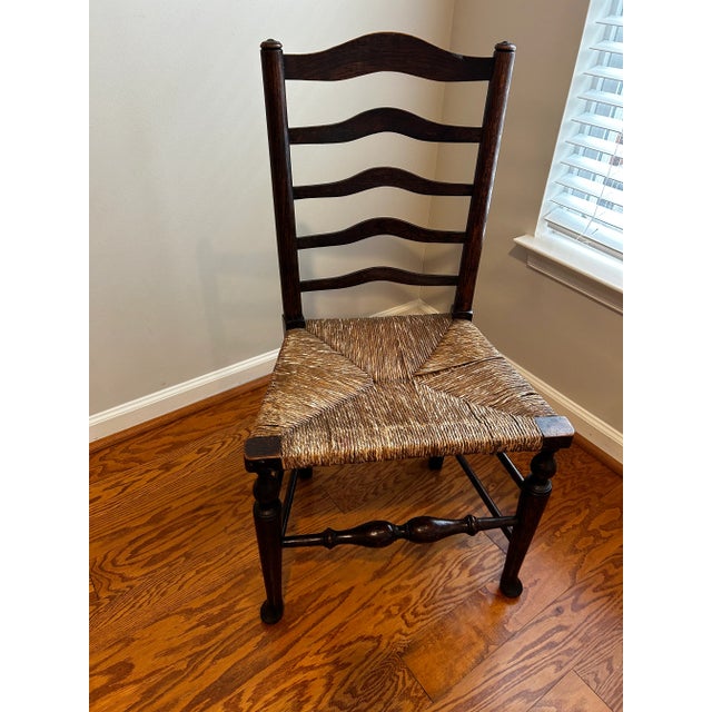 Wood Antique , Late 19th Century, English Ladder Back Chairs With Original Rush Seats. Set of 4 For Sale - Image 7 of 14