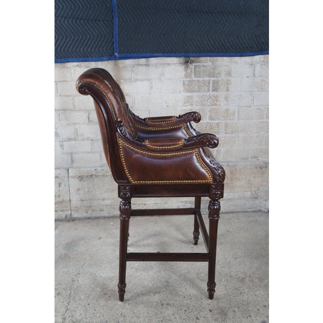 Wood Late 20th Century Hancock & Moore French Chesterfield Style Carved Brown Leather Tufted Bar Stool For Sale - Image 7 of 12