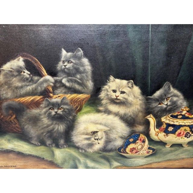 British Persian Cat Painting by Agnes Augusta Talboys RWA with Decorative Tea Service Large Early 20th Century Oil on...