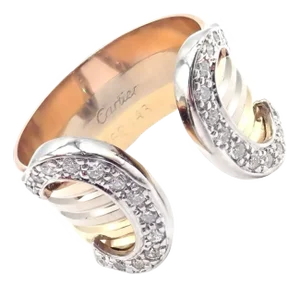 Mid 20th Century Cartier Diamond Double C Tri-Color Gold Band Ring