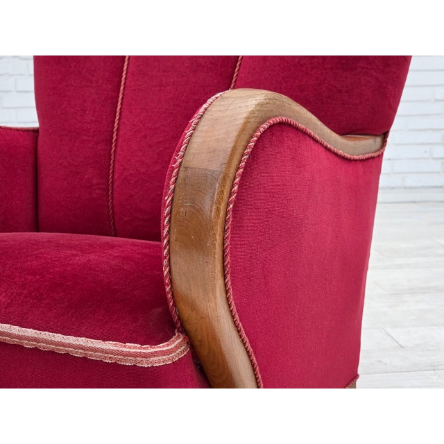 Danish Armchair in Red Velour and Oak, 1950s For Sale - Image 13 of 17