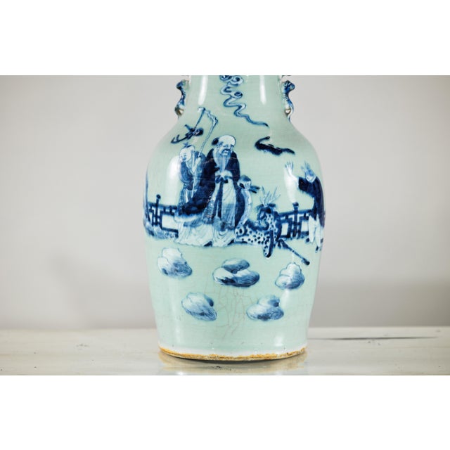 Chinese Blue and White Porcelain Altar Vase With Immortal Figures and Celadon Tint For Sale - Image 16 of 18