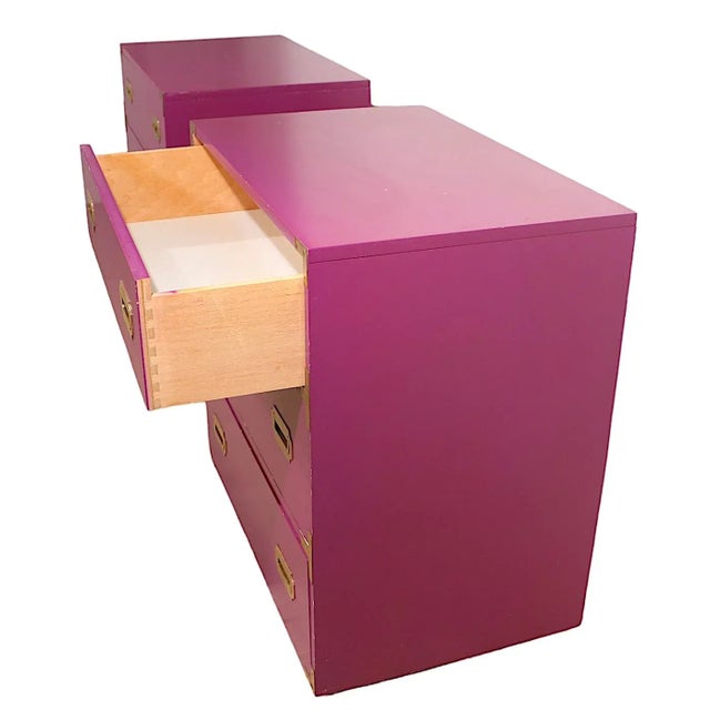 Totally chic pair of three drawer bachelors chests, in good, original, vintage estate condition. The chests are part of...