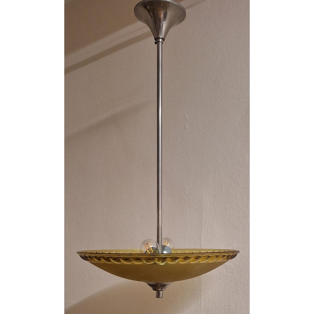 German Art Deco Chrome-Plated Metal Ceiling Lamp with Yellow Cut Crystal Glass Shade, 1930s For Sale - Image 4 of 8