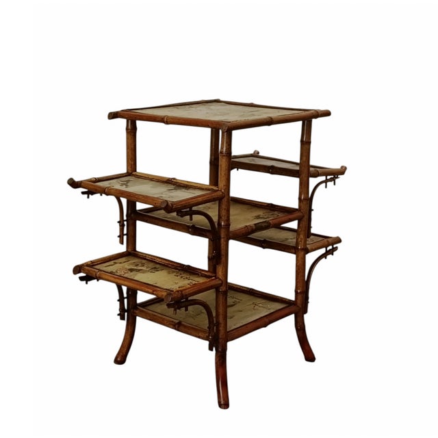 Mid-Century Modern Bamboo Etagere with Silk Shelves Painted with Asian Motifs attributed to Alfred Perret and Ernest Vibert, France, 1900s For Sale - Image 3 of 11