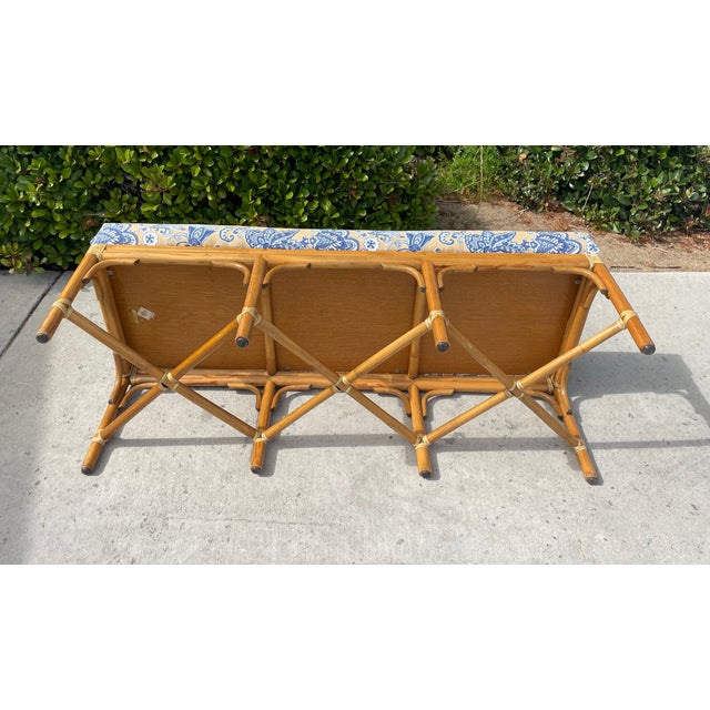 Late 20th Century Authentic McGuire Vintage Rattan Bench, New Schumacher Upholstery For Sale - Image 5 of 8