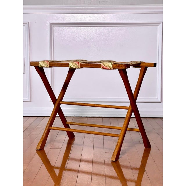 Wooden Luggage Rack With Hand Stitched Embroidered Straps, 1940s For Sale In Philadelphia - Image 6 of 13