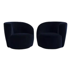Pair Navy Blue Mohair Vladimir Kagan Nautilus "Corkscrew" Chairs - A Pair