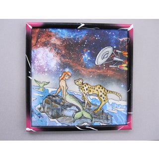 On the Rocks by Louis Recchia | Mixed-media acrylic on plexiglas Mermaid with a cheetah in a cosmic setting For Sale