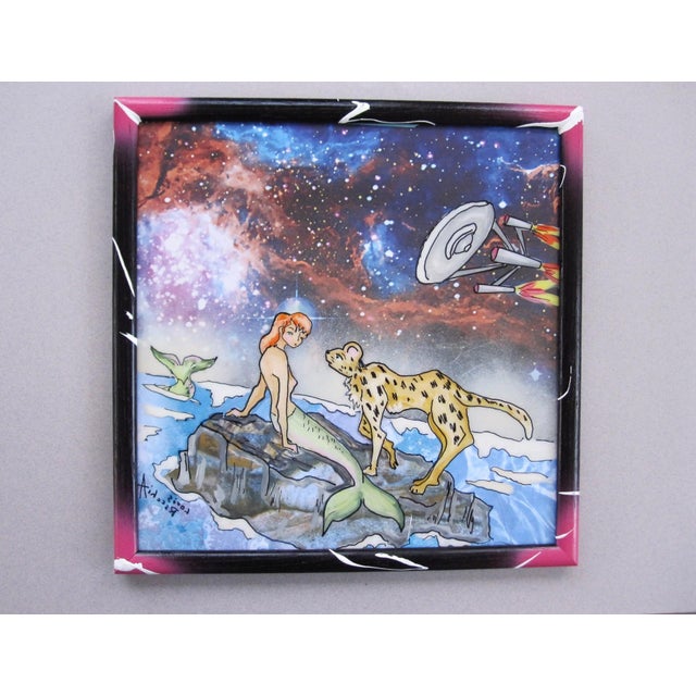 On the Rocks by Louis Recchia | Mixed-media acrylic on plexiglas Mermaid with a cheetah in a cosmic setting For Sale