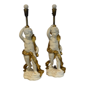 Large Pair of Vintage Hollywood Regency Italian Cherub Lamps, Wrapped in Gold Gilt Sashes Table Lamps