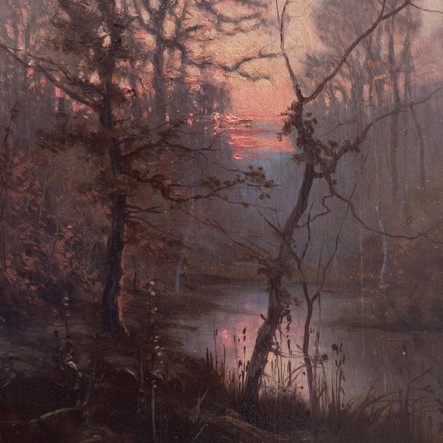 Wooded River Landscape at Sunset, 1800s, Oil on Board For Sale - Image 4 of 7