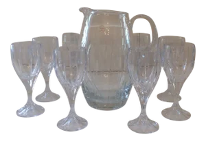 Late 20th Century Block Crystal Crystal Goblets and Pitcher - Set of 8