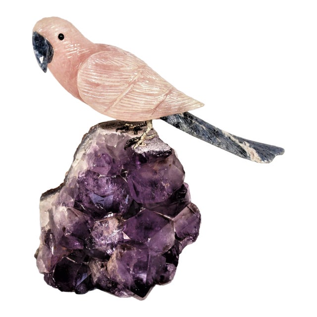1990s Hande Carved Rose Quartz Siting Parot on Amethyst Cluster For Sale