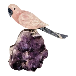 1990s Hande Carved Rose Quartz Siting Parot on Amethyst Cluster