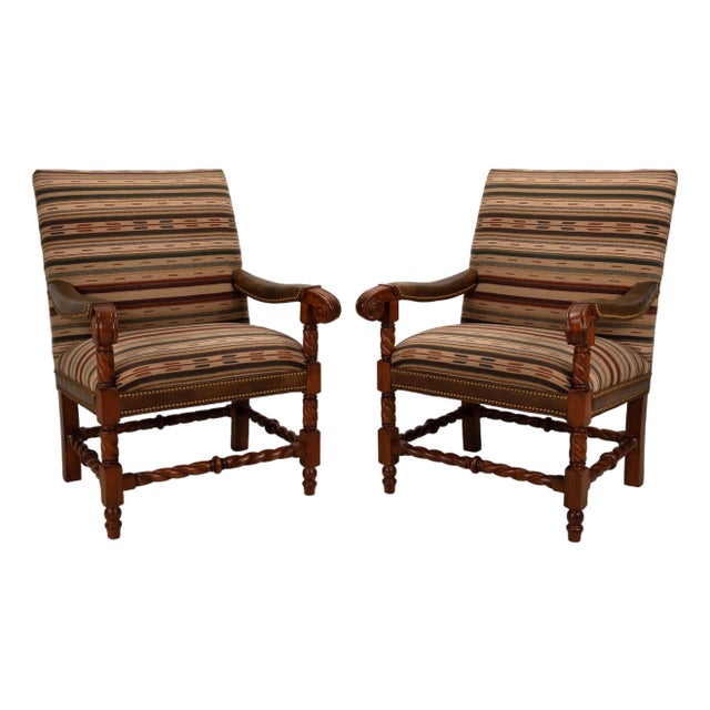 1990s Hancock & Moore Louis XIII French Style Barley Twist Throne Armchairs W/ Southwestern Wool Geometric Fabric For Sale