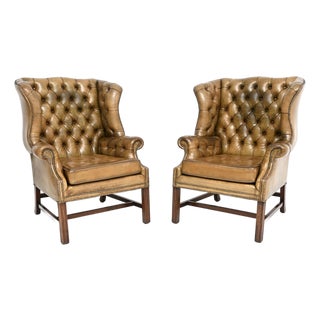 Georgian Leather Wing Back Armchairs, 1930s, Set of 2 For Sale