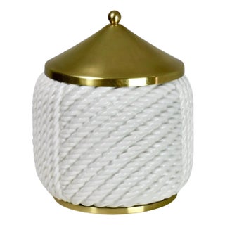 1970s Tommaso Barbi White Ceramic and Brass Ice Bucket, Italy For Sale