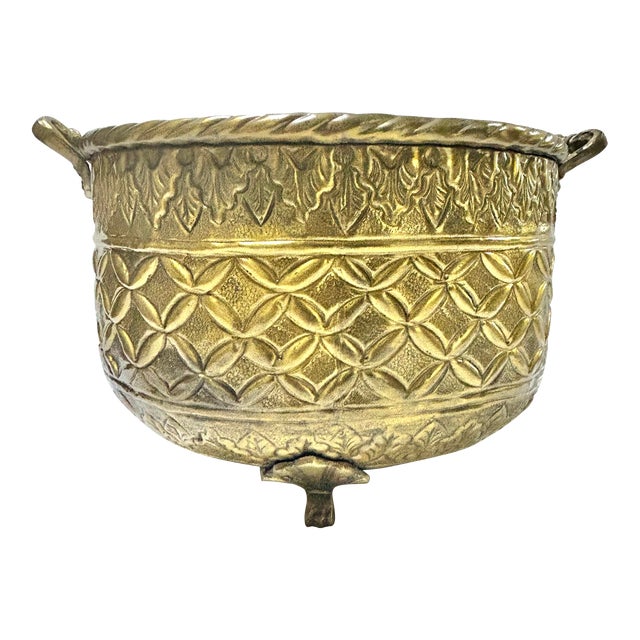 Hollywood Regency Embossed Brass Cachepot Planter Champagne Bucket For Sale