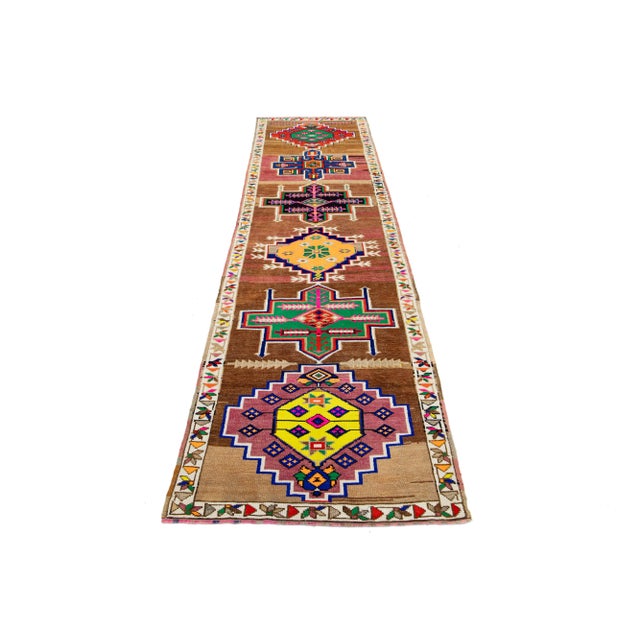 1940s Mid-20th Century Brown Vintage Turkish Wool Runner Rug With Geometric Pattern For Sale - Image 5 of 9