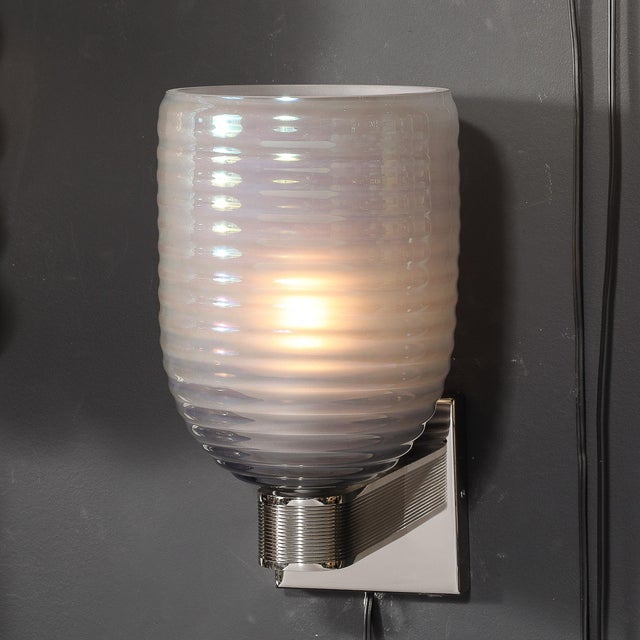 Modernist Hand-Blown Smoked Cerulean Hive Murano Glass & Nickel Fitted Sconces For Sale - Image 4 of 12