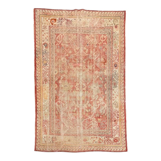 Antique Turkish Oushak Rug 7x10 | Faded Red With Large Floral Motifs For Sale