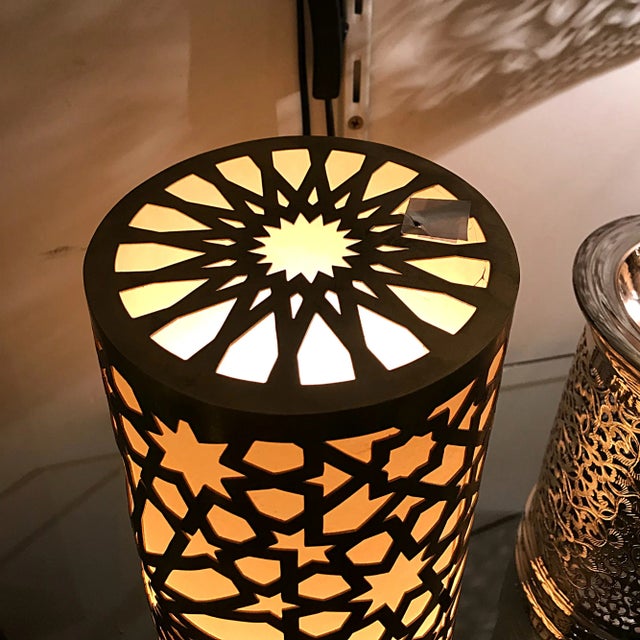 Contemporary Moroccan-Inspired Brass Floor Lamp With White Plastic Panel For Sale - Image 6 of 9