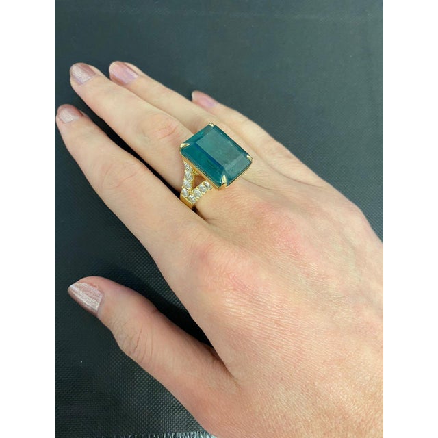 Fancy Vivid Green Emerald Shape Step Cut Emerald Diamond Cocktail Statement Unique Split Shank 18 Karat Yellow Gold...