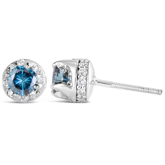 Contemporary 14K White Gold 1.00 Cttw Treated Blue and White Diamond Hidden Halo Stud Earrings (Blue/I-J Color, I2-I3 Clarity) For Sale - Image 3 of 6