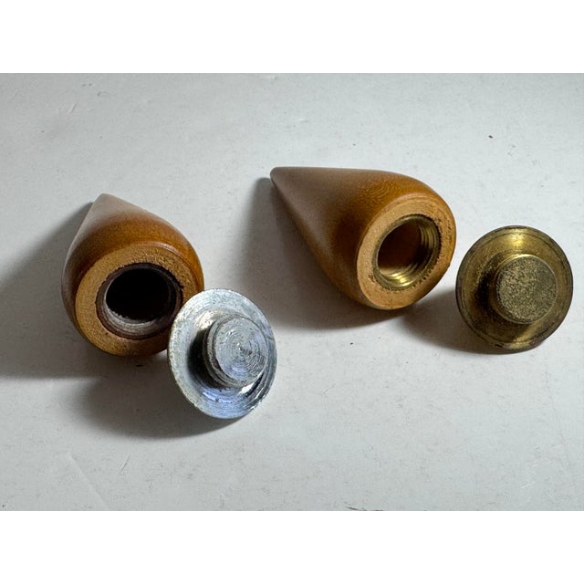 Brown 1960s Mid-Century Modern Danish Teak and Metal Salt and Pepper Shaker Set. For Sale - Image 8 of 8