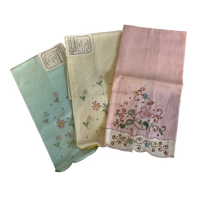Set of 3 Vintage Portuguese Linen Hand Embroidered Guest Towels For Sale