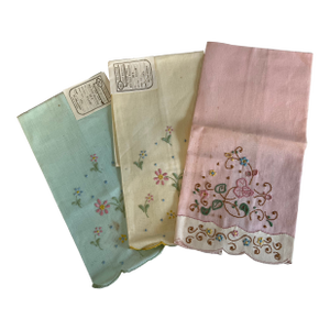 Set of 3 Vintage Portuguese Linen Hand Embroidered Guest Towels