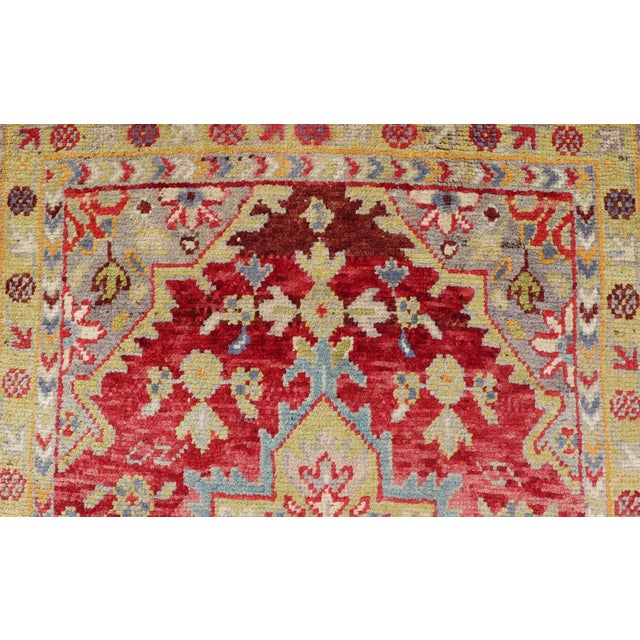 Early 20th Century Antique Turkish Oushak Medallion Rug in Red, Lime Green, Gray & Light Blue For Sale - Image 5 of 11