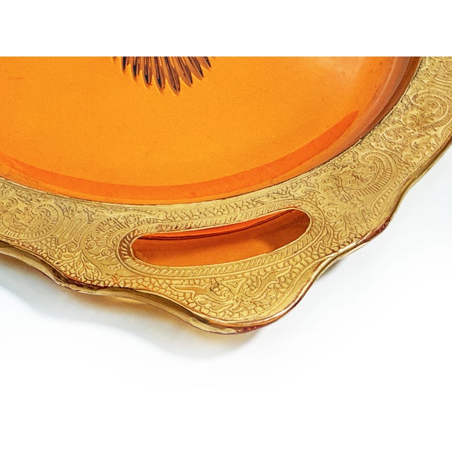 Mid-Century Modern Vintage 1930s Large Amber Elegant Glass Gold Encrusted Serving Tray For Sale - Image 3 of 3