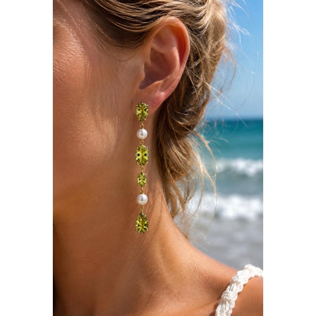 Green Peridot & Pearl Drop Multi-Shape Earrings, Silver, Gold, Pair For Sale - Image 8 of 9