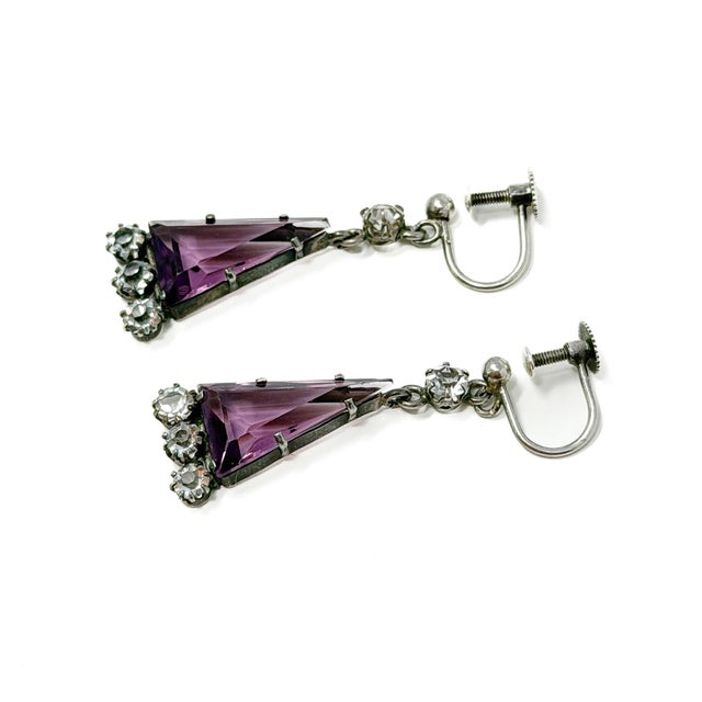 Art Deco Silver, Purple Triangular Glass and Paste Necklace and Earrings, 1920s, Set of 2 For Sale - Image 14 of 17