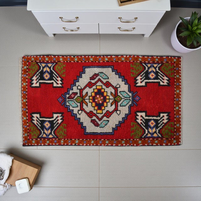 Vintage Turkish Hand-Knotted Small Rug from Anatolia / Oushak, 1970s. Authentic mini rug featuring coral-red tones and...