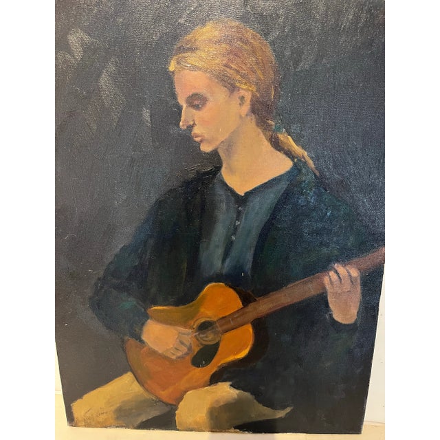 A young woman in pensive mood playing a guitar titled Sad Song on the back. Oil on canvas by Barbara Lebhar from her...