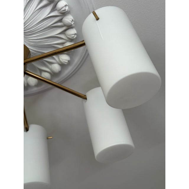 Mid-Century Modern Swedish Semi Flush Mount Chandelier in Brass and Opaline Glass by Gert Nystrom for Fagerhult and Orrefors, 1960 For Sale - Image 9 of 11