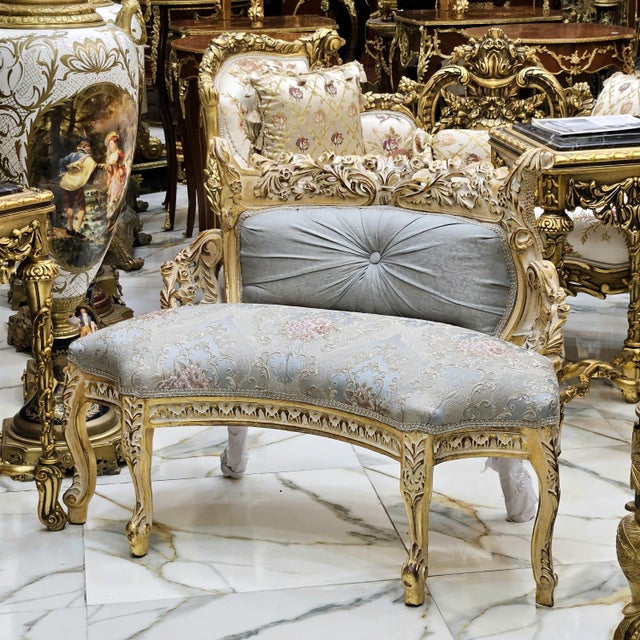 Textile French Style Light Blue Settee Gold Leaf Details For Sale - Image 7 of 7